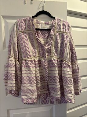 Boho Lavender Patterned Tunic Top with Crochet Trim